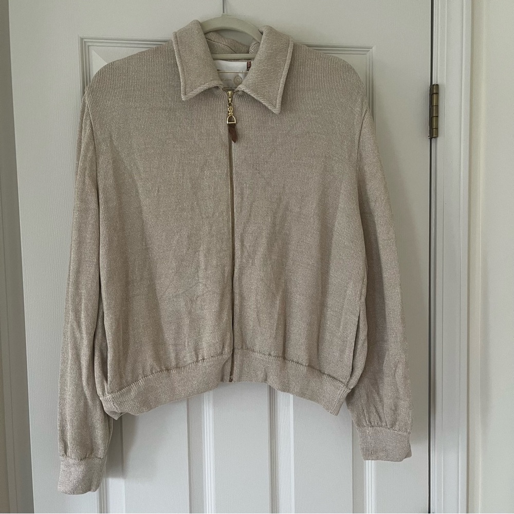 St. John Sport Knit Gold Label Patched Zip Bomber Beige Jacket Size Large